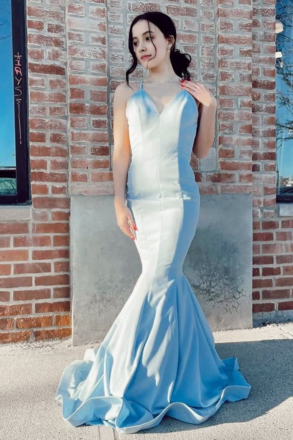 Mermaid Spaghetti Straps Light Blue Long Prom Dress with Open Back