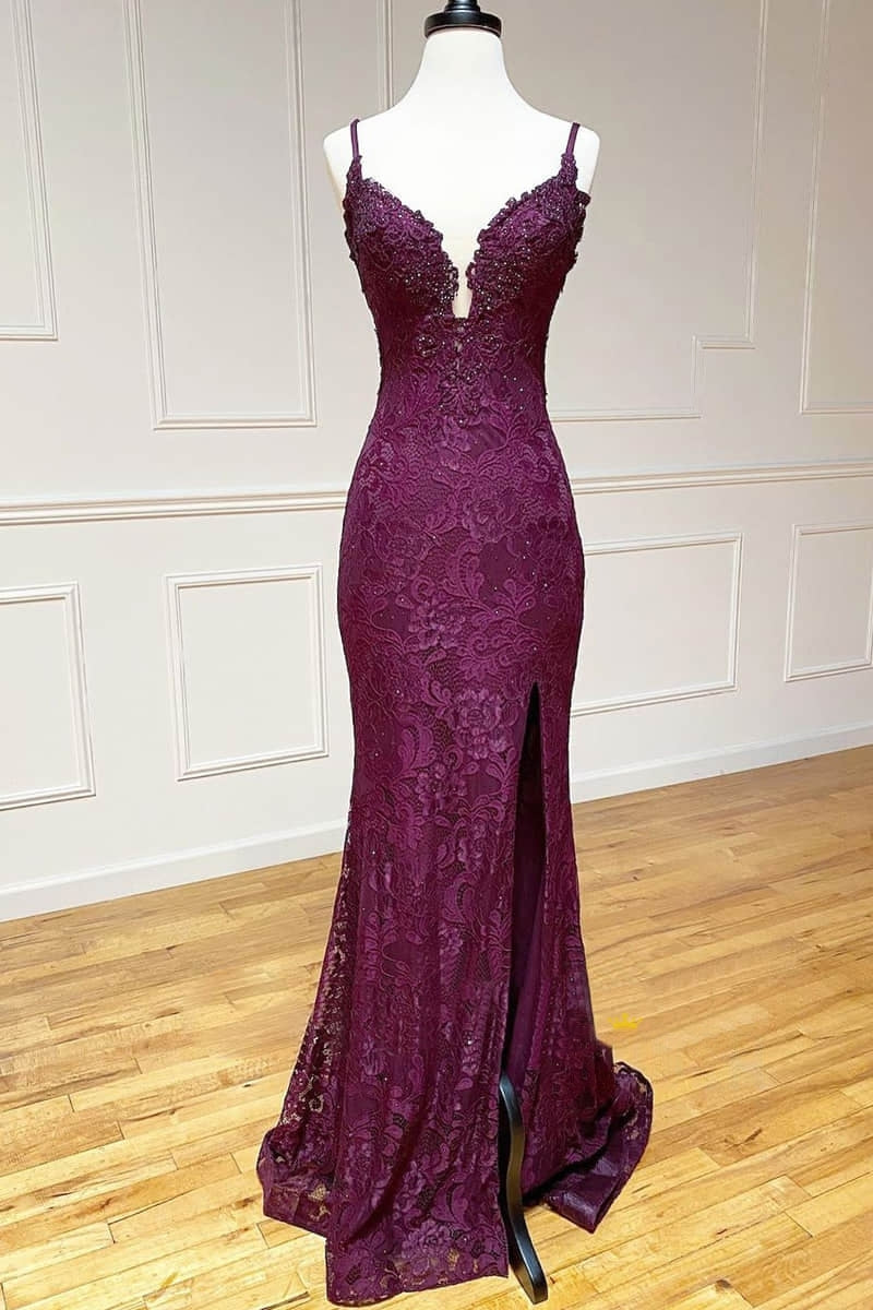 mermaid/trumpet spaghetti straps grape lace beaded long prom dress formal evening dress