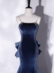 Homecomming Dresses Red, Mermaid Velvet Blue Long Prom Dresses, Blue Velvet Long Evening Dress