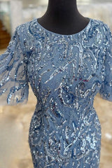 Bridesmaids Dresses Online, Mist Mermaid Sequined Flaunt Sleeves Keyhole Tulle Mother of Bride Dress