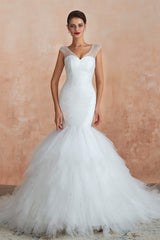 Wedding Dress Customization, Multi-Tiered Lace-Up Mermaid Wedding Dresses with Chapel Train