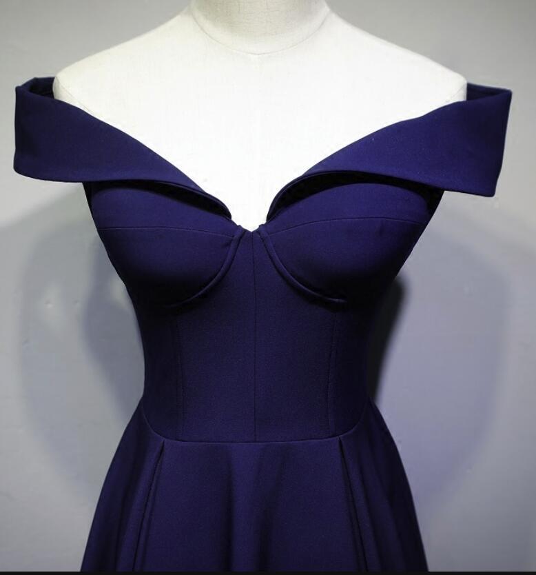 Formal Dress Shop, Navy Blue A-line Spandex Long Prom Dress, Off Shoulder Bridesmaid Dress