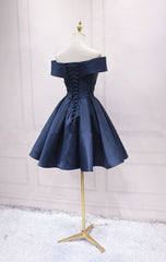 Satin Prom Dress, Navy Blue Satin Off Shoulder Bridesmaid Dress Party Dress, Short Prom Dress