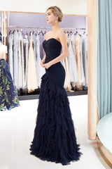 Wedding Dress Guest, Navy Blue Sheath Sweetheart Strapless Draped Tulle Pleats Prom Dresses