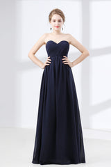 Midi Dress, Navy Blue Sweetheart High Waist Chiffon Pleats Bridesmaid Dresses