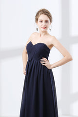 Prom Dress Long, Navy Blue Sweetheart High Waist Chiffon Pleats Bridesmaid Dresses