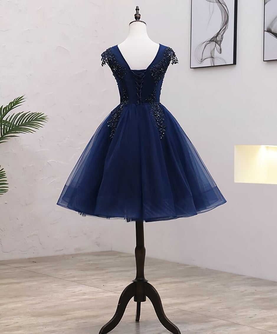 Bridesmaid Dress Fall Wedding, Navy Blue Tulle Beaded Knee Length Cap Sleeves Prom Dress, Blue Homecoming Dress