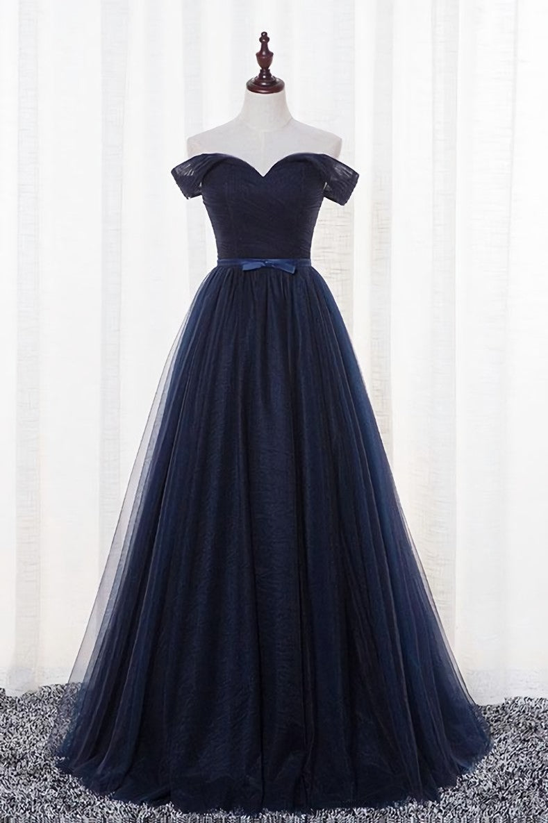 Evening Dresses Gold, Navy Blue Tulle Long Party Dress, Simple Off Shoulder Blue Bridesmaid Dress