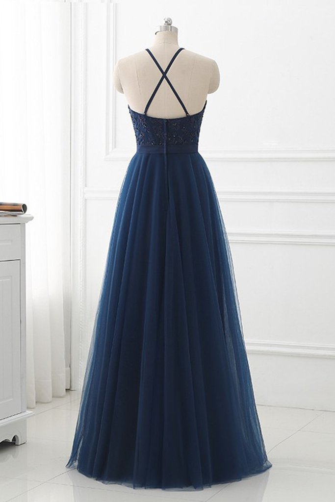 Party Dress And Style, Navy Blue Tulle with Lace Applique Long Party Dress, Blue Prom Dress