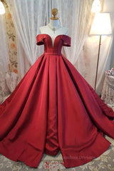 Country Wedding, Off Shoulder Burgundy Satin Long Prom Dress, V Neck Burgundy Formal Evening Dress, Burgundy Ball Gown