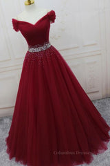 Evening Dresses Stunning, Off Shoulder Burgundy Tulle Long Prom Dresses with Sequins, Burgundy Tulle Formal Evening Dresses