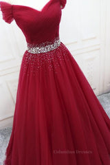 Evening Dresses For Party, Off Shoulder Burgundy Tulle Long Prom Dresses with Sequins, Burgundy Tulle Formal Evening Dresses