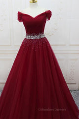 Evening Dress For Party, Off Shoulder Burgundy Tulle Long Prom Dresses with Sequins, Burgundy Tulle Formal Evening Dresses