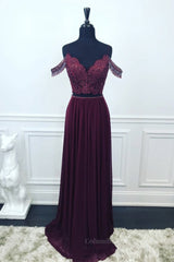 Bridesmaide Dresses Fall, Off Shoulder Two Pieces Purple Lace Long Prom Dress, 2 Pieces Purple Formal Dress, Purple Lace Evening Dress