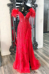 Champagne Bridesmaid Dress, Off Shoulder V Neck Mermaid Red Lace Long Prom Dress with High Slit, Mermaid Red Formal Dress, Red Lace Evening Dress