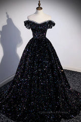 Prom Dress, Off the Shoulder Black Sequin Prom Dresses, Black Long Formal Evening Dresses