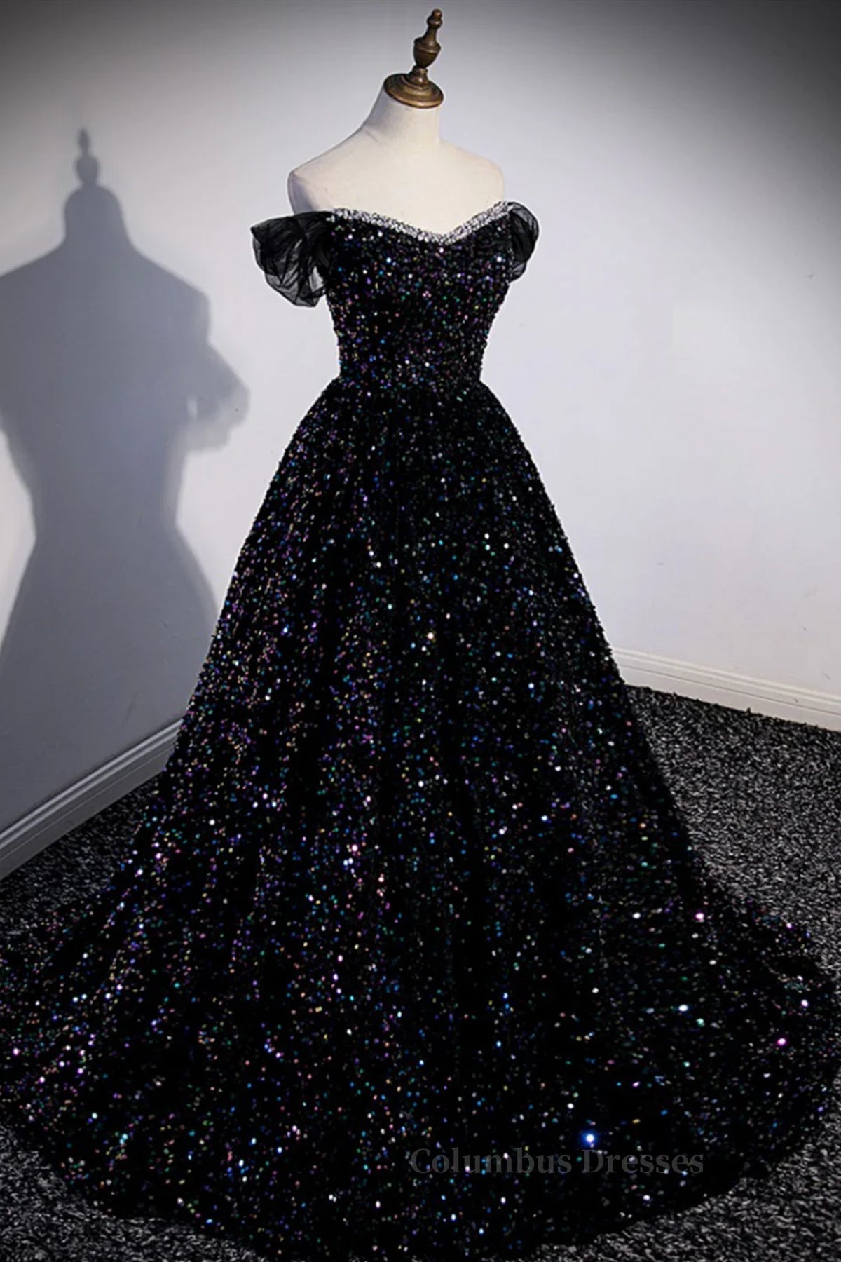 Wedding Dress, Off the Shoulder Black Sequin Prom Dresses, Black Long Formal Evening Dresses