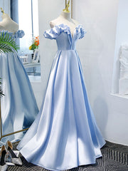 Party Dress Cocktail, Off the Shoulder Blue Satin Prom Dresses, Sky Blue Off Shoulder Satin Long Formal Graduation Dresses