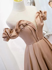 Bridesmaids Dresses Idea, Off the Shoulder Champagne Satin Prom Dresses, Champagne Long Formal Evening Dresses