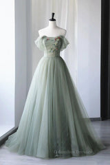 Prom Dress Country, Off the Shoulder Green Tulle Long Prom Dresses, Green Tulle Off Shoulder Formal Evening Dresses