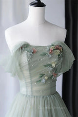 Prom Dress Champagne, Off the Shoulder Green Tulle Long Prom Dresses, Green Tulle Off Shoulder Formal Evening Dresses