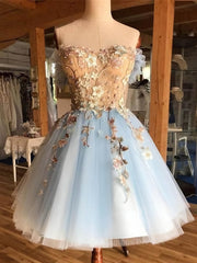 Formal Dresses For 45 Year Olds, Off the Shoulder Short Blue Lace Floral Prom Dresses, Off the Shoulder Short Blue Lace Graduation Homecoming Dresses