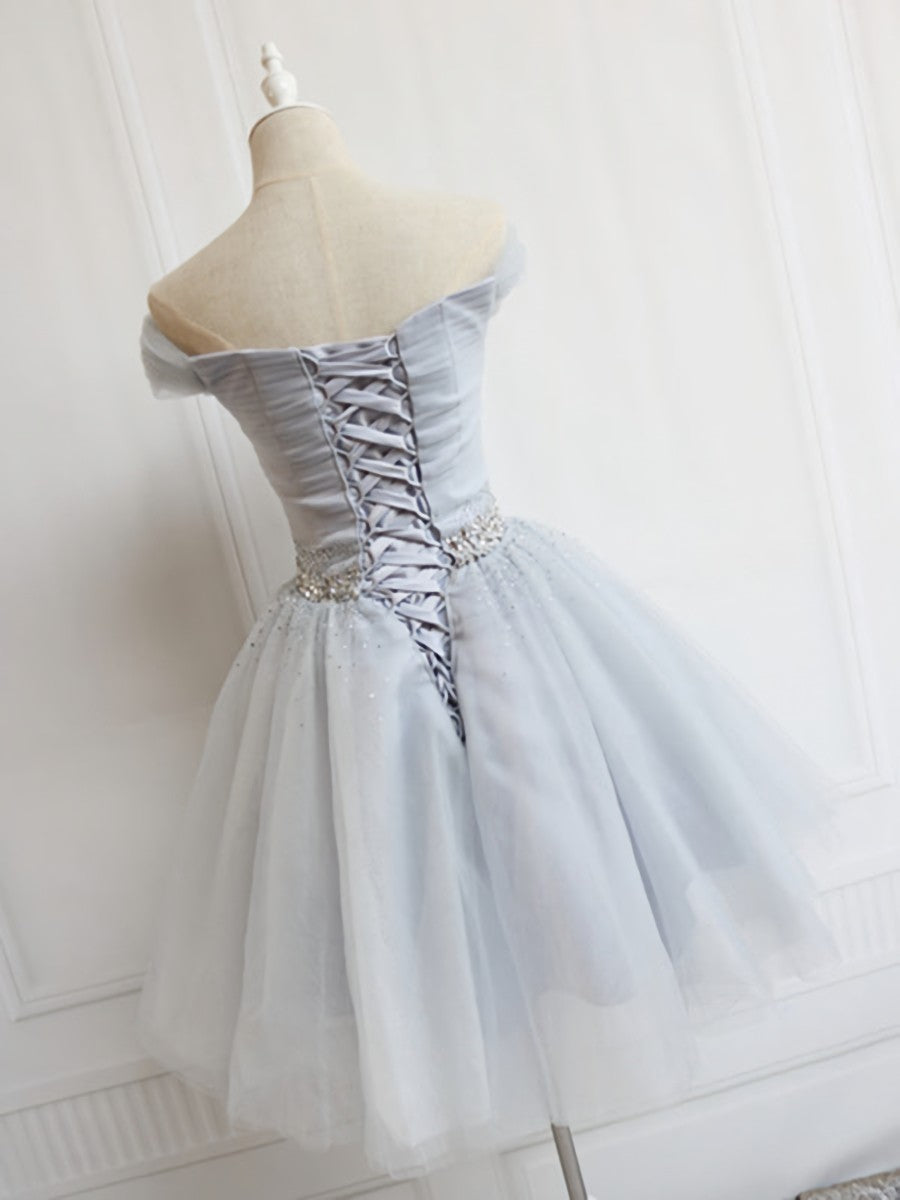 Party Dresses Modest, Off the Shoulder Short Gray Prom Dresses, Short Beaded Gray Graduation Homecoming Dresses