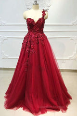 Formal Dress Wear For Ladies, One Shoulder 3D Floral Burgundy Lace Long Prom Dress, Burgundy Lace Appliques Formal Graduation Evening Dress