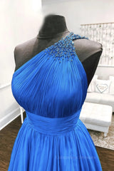 Bridesmaids Dresses Pink, One Shoulder Backless Blue Chiffon Long Prom Dress, Beaded Blue Long Formal Evening Dress