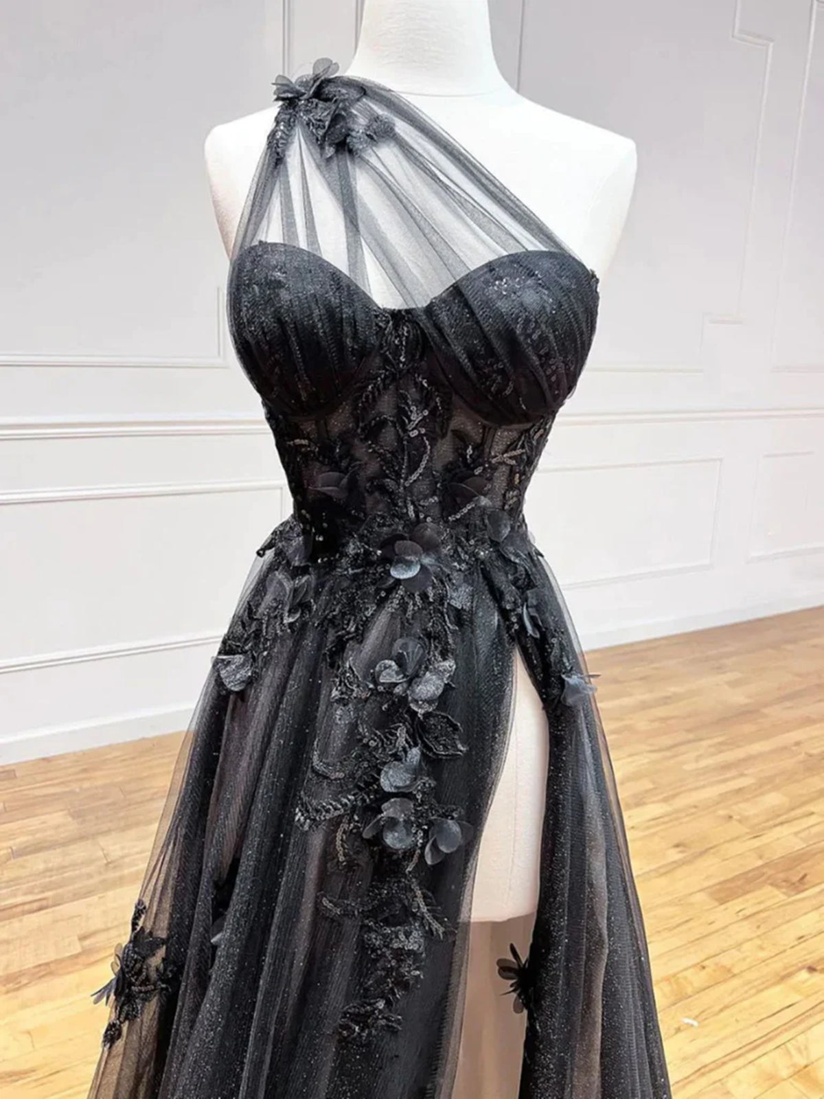 Bridesmaid Dress As Wedding Dress, One Shoulder Black Lace Floral Long Prom Dresses, One Shoulder Black Lace Formal Evening Dresses