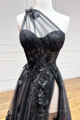 Beach Dress, One Shoulder Black Lace Prom Dresses, One Shoulder Black Lace Formal Evening Dresses