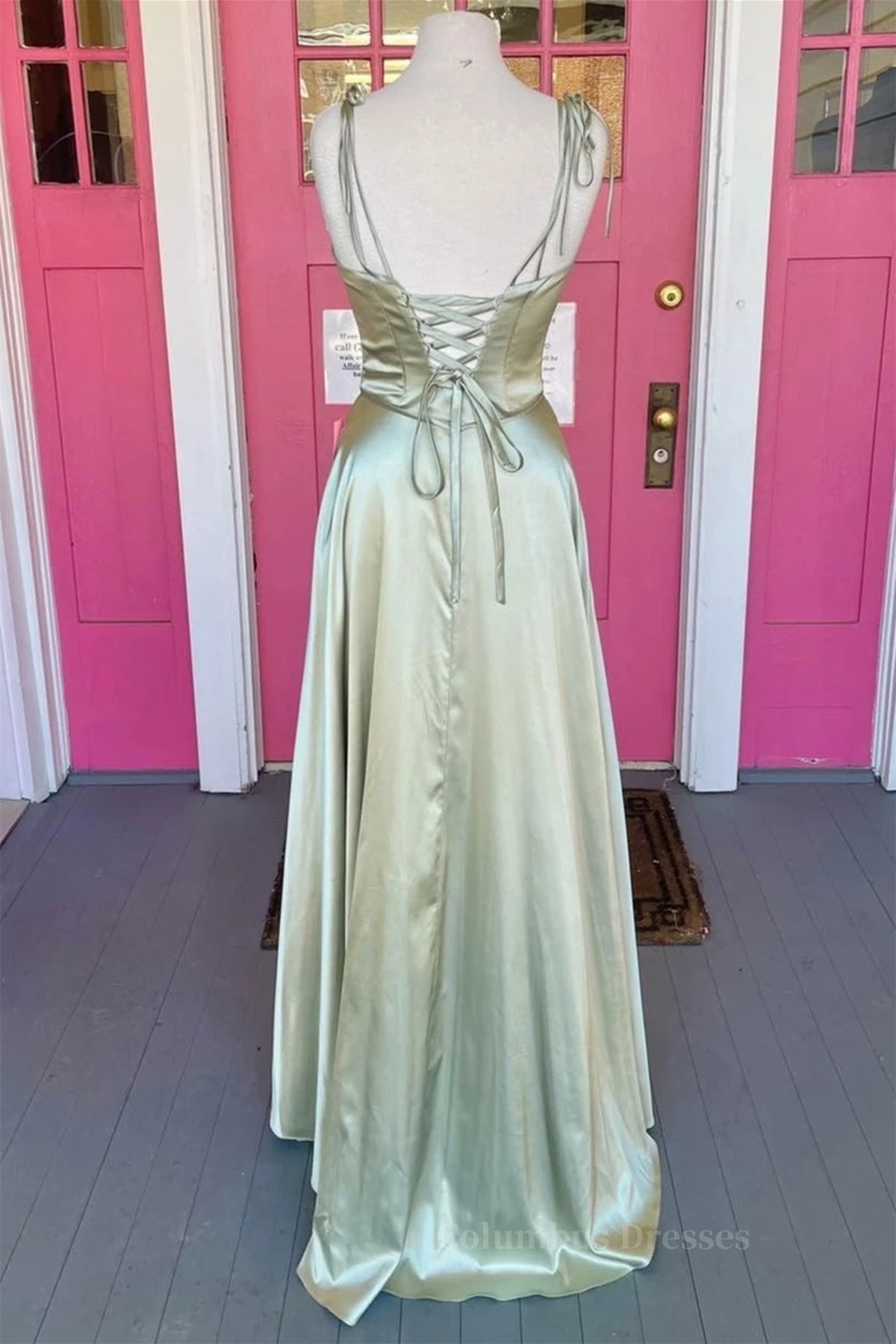 Bridesmaids Dresses Beach, Open Back Sage Satin Long Prom Dress with High Slit, Long Sage Formal Graduation Evening Dress