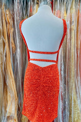 Evening Dress Dresses, Orange Sequins Cross Front Bodycon Mini Party Dresses