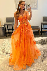 Orange Sweetheart Long Prom Dress with Appliques