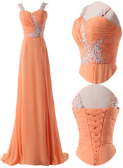 Party Dress, Organge Chiffon Straps Lace Applique A-line Long Prom Dress, Orange Formal Dress Evening Dress