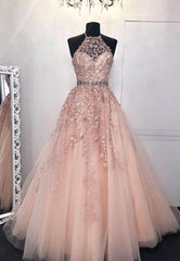 Prom Dress Online, Pink Lace Long Prom Dresses, A-Line Formal Graduation Dresses