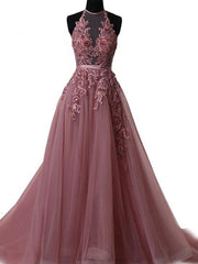 Blue Gown, Pink Halter  Lace-up Long Formal Gown, Pink Party Dresses