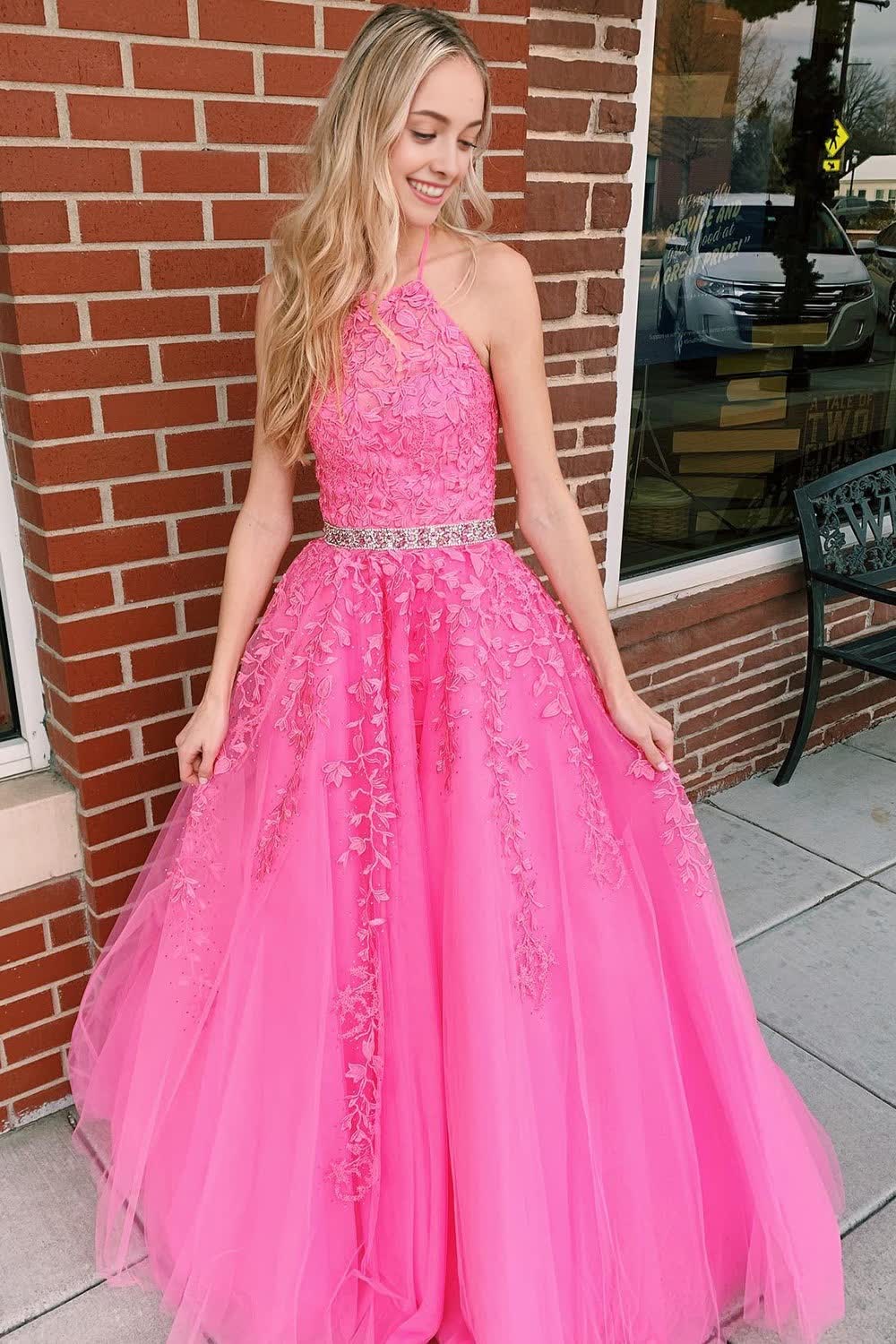 Pink Halter Long Prom Dress With Appliques