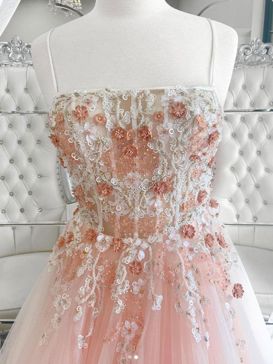 Homecoming Dresses Ideas, Pink tulle lace long prom dress, pink lace long evening dress