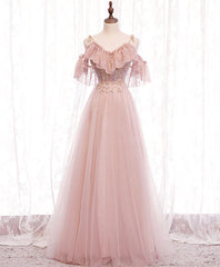 Evening Dresses Fitted, Pink v neck tulle lace long prom dress pink bridesmaid dress