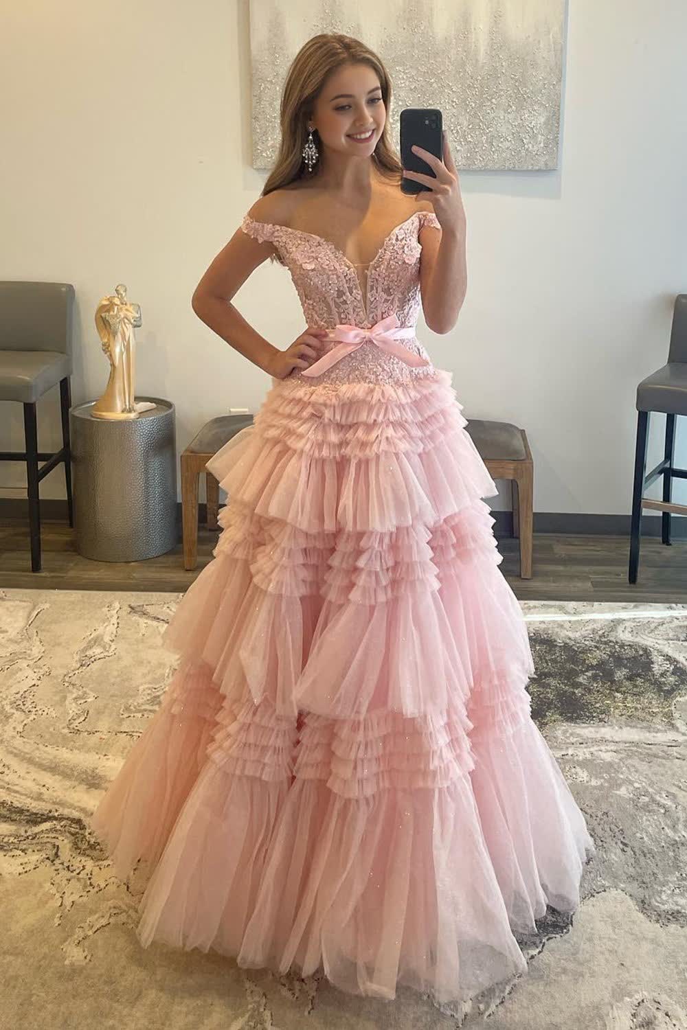 Princess A Line Off the Shoulder Light Pink Long Prom Dress with Ruffles