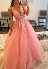 Evening Dresses Velvet, Princess A-line V Neck Sleeveless Sweep Train Tulle Prom Dress With Appliqued Beading