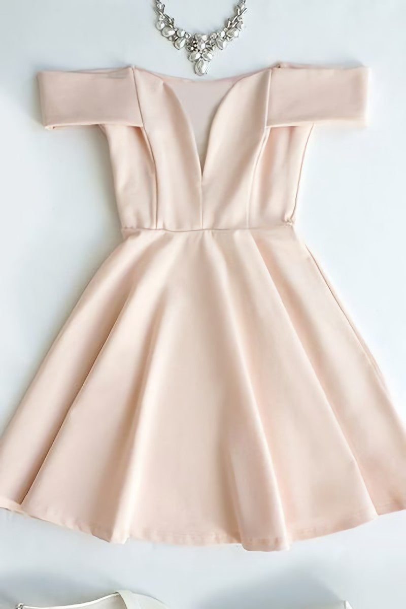 Bridesmaid Dresses White, Cute Off The Shoulder Light Pink V Neck Short Prom Dresses