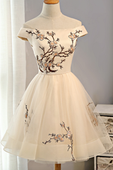 Bridesmaids Dresses Color Palettes, Cap Sleeves Embroidery Tulle Short A Line Prom Dresses