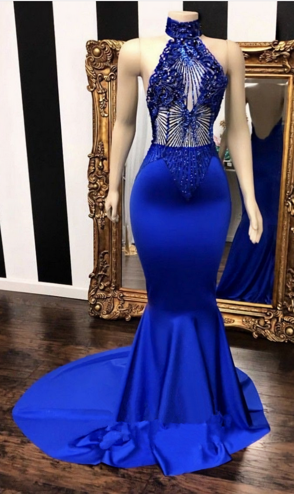 Party Dress White, High neck halter beaded royal blue satin . Sleeveless. Illusion beading bodice. Mermaid long with sweep train Prom Dresses