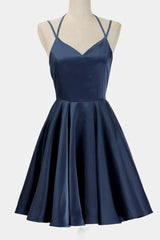 Bridesmaids Dresses Near Me, A Line Dark Blue Satin V Neck Short Sleeveless Backless Prom Dresses