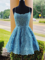 Homecoming Dresses Vintage, A Line Backless Lace Blue Short Prom Dresses, Homecoming Dresses, Backless Blue Lace Formal Graduation Evening Dresses