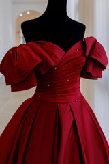 Homecoming Dresses Aesthetic, Burgundy Satin Long A Line Prom Dress, Evening Dress