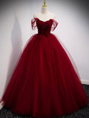 Homecoming Dresses Classy, Burgundy Sweetheart Tulle Long Prom Dress, Burgundy Evening Dress