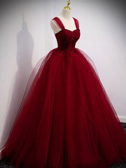 Homecoming Dresses Ideas, Burgundy Sweetheart Tulle Long Prom Dress, Burgundy Evening Dress